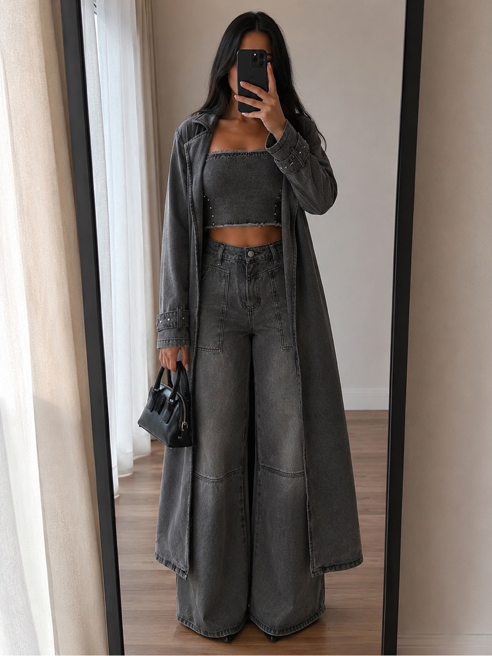 Fashion Nova Washed Charcoal Long Denim Trench Coat